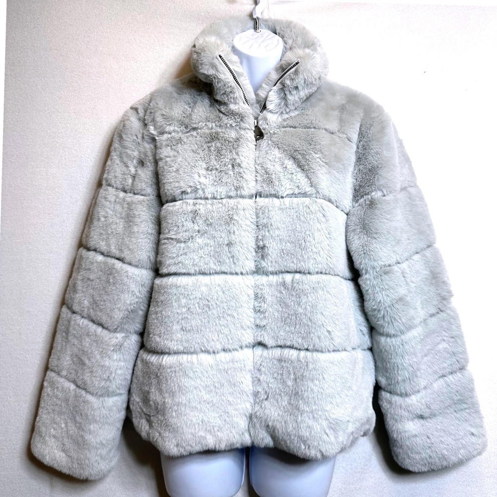 Elie Tahari Faux Fur Jacket Women S Gray Quilted Puffer Zip Up Stand Collar